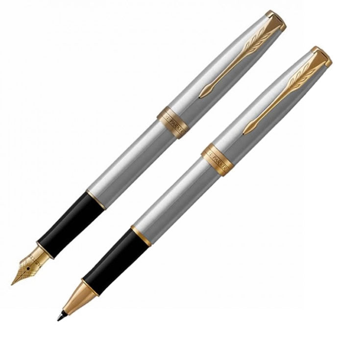 Parker Sonnet Stainless Steel Gold Trim Fountain & Rollerball Pen Set ...