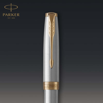 Parker Sonnet Stainless Steel Gold Trim Fountain & Rollerball Pen Set