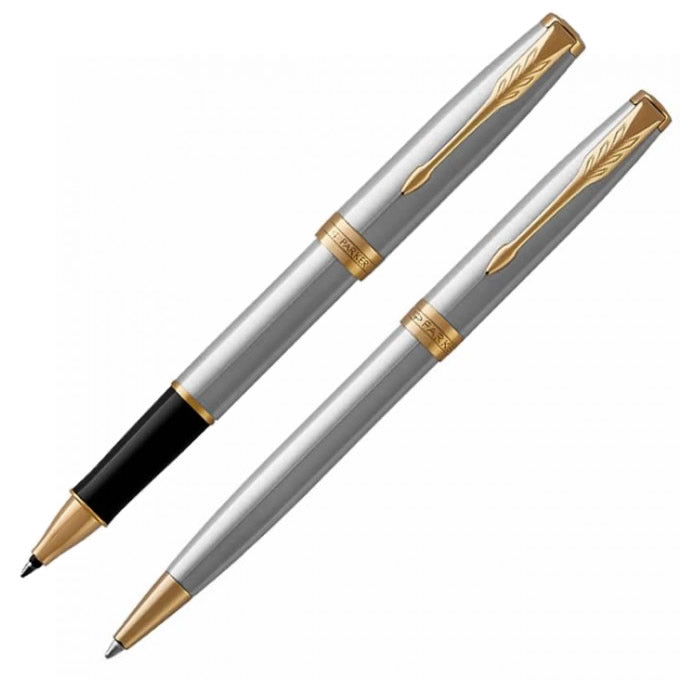 Parker Sonnet Stainless Steel Gold Trim Ballpoint & Rollerball Pen Set ...