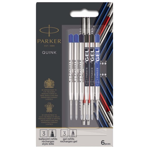 Parker Quink Ink Ballpoint & Gel Pen Refills - Pack of 6
