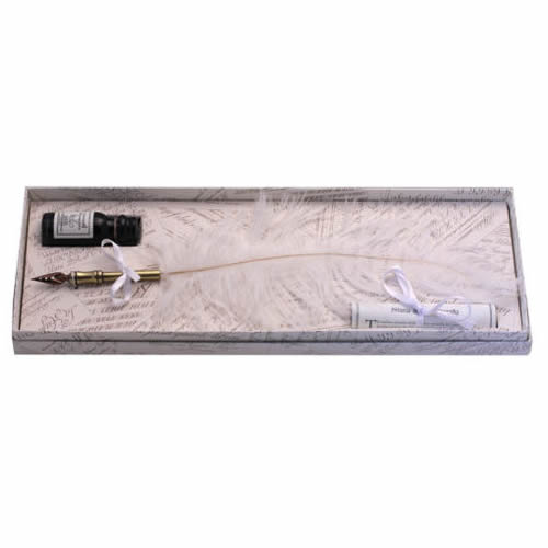 White Ostrich Feather Quill & Ink Set