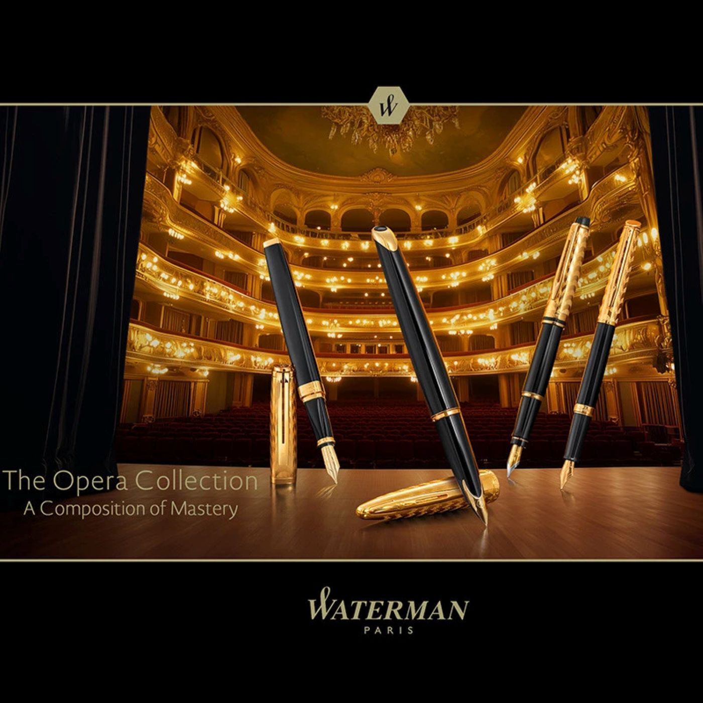 Waterman Expert Deluxe Opera Collection Black Gold Trim Fountain Pen - Medium