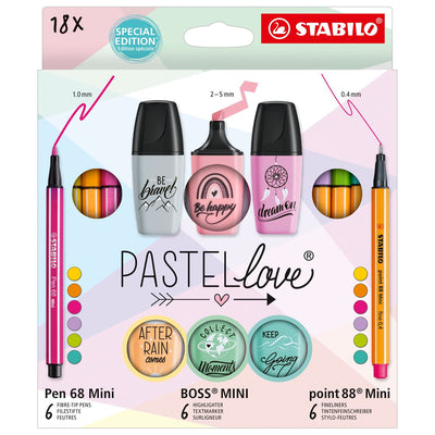 STABILO Pastel Set - STABILO Pen 68 Mini, Point 88 Mini & Boss Mini Pastellove - Pack of 18