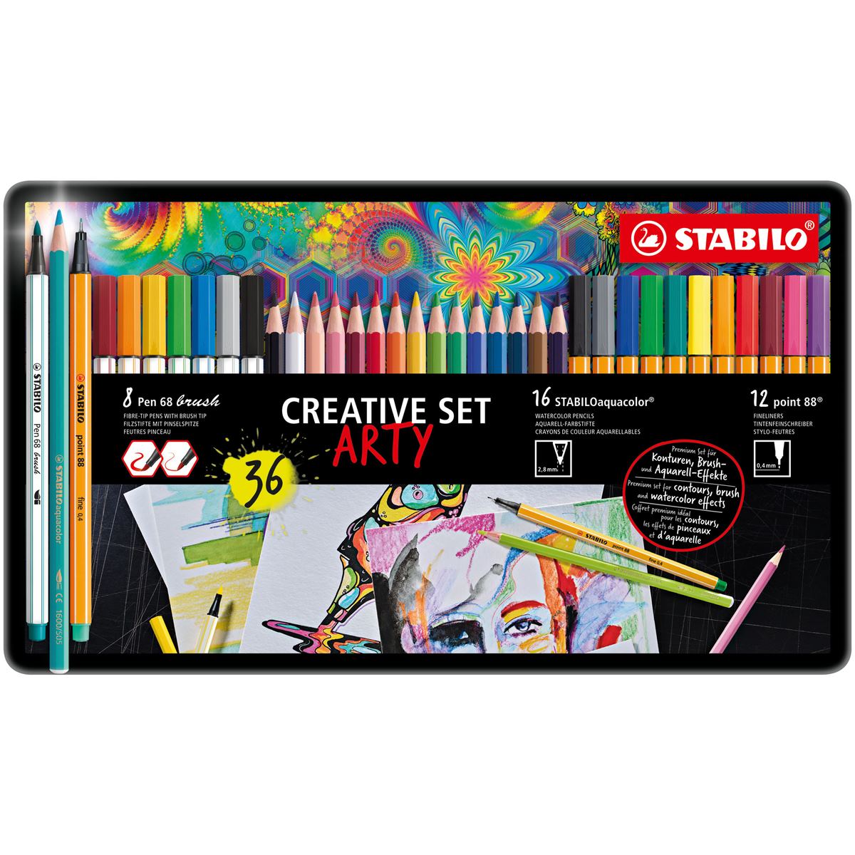 STABILO Assorted Art Set - STABILOaquacolor, Pen 68 Brush & Point 88 Arty - Tin of 36