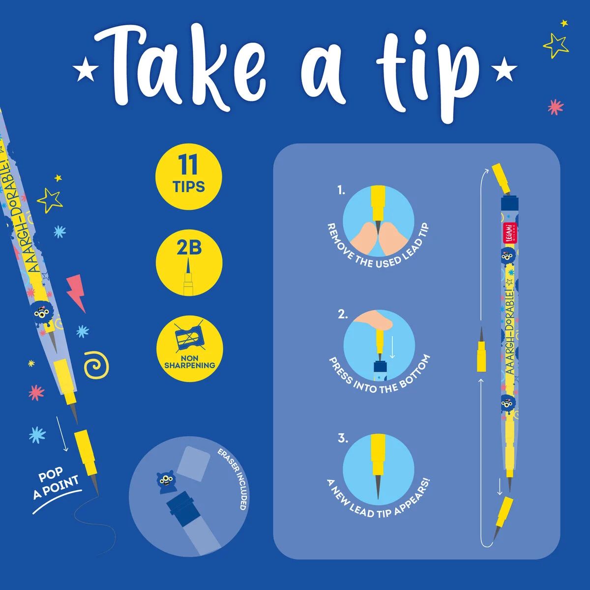 Legami Monster Stackable Pencil with Eraser - Take a Tip