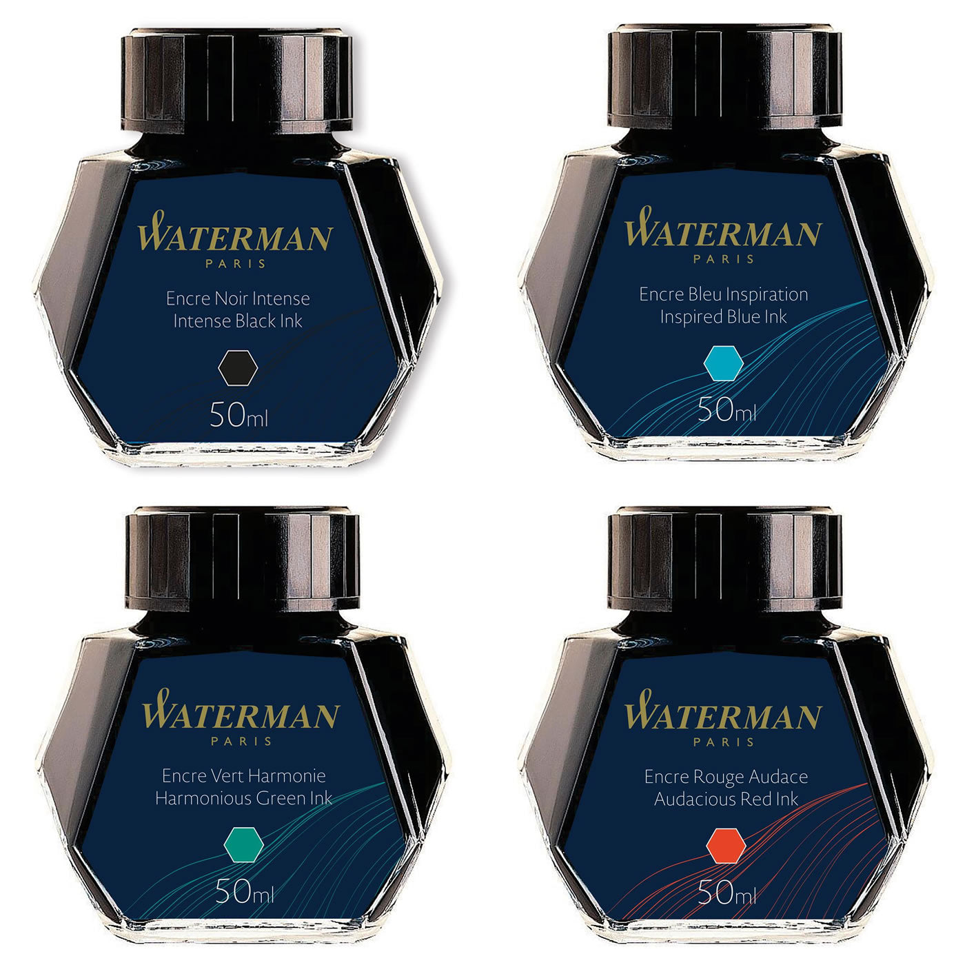 Waterman Bottled Ink For Fountain Pens - Black, Turquoise, Red & Green