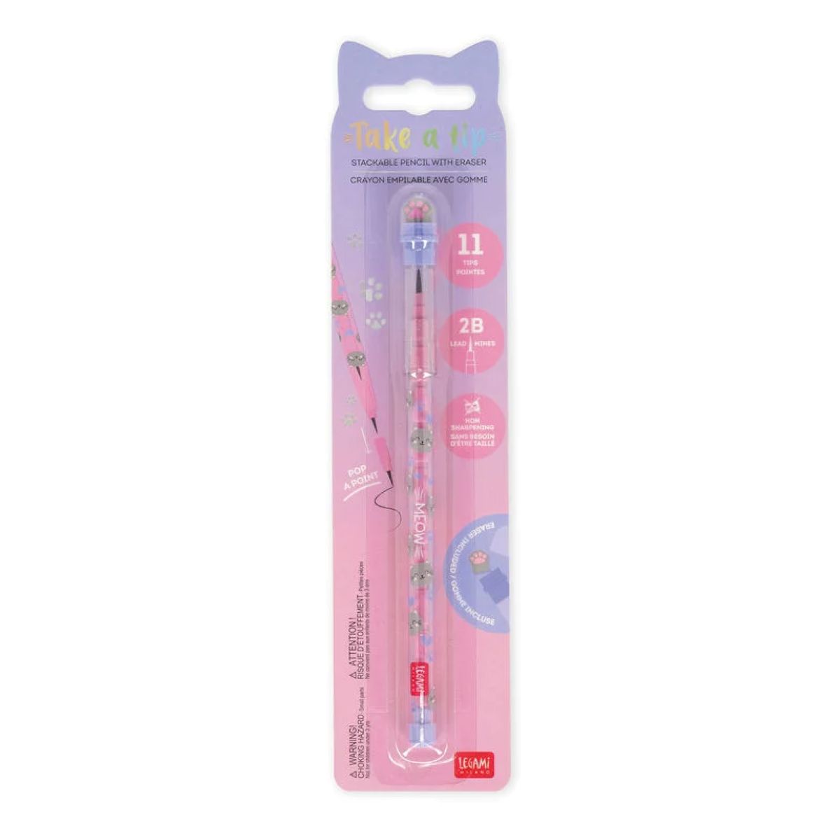 Legami Stackable Pencil with Eraser - Take a Tip - Kitty