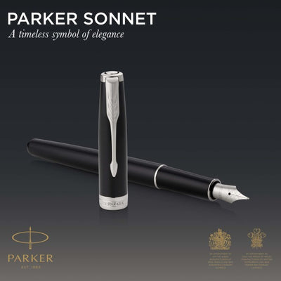 Parker Sonnet Black Lacquer and Chrome Trim Fountain & Rollerball Pen Set