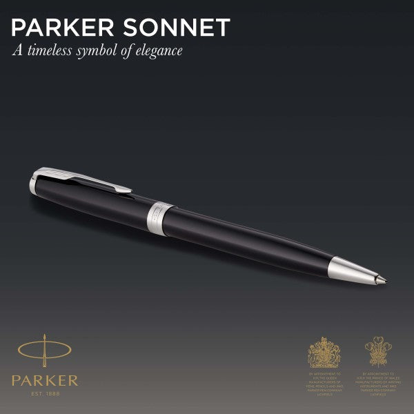 Parker Sonnet Black Lacquer and Chrome Trim Rollerball & Ballpoint Pen Set