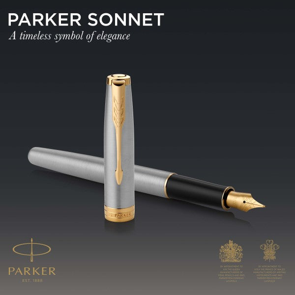 Parker Sonnet Stainless Steel Gold Trim Fountain & Ballpoint Pen Set