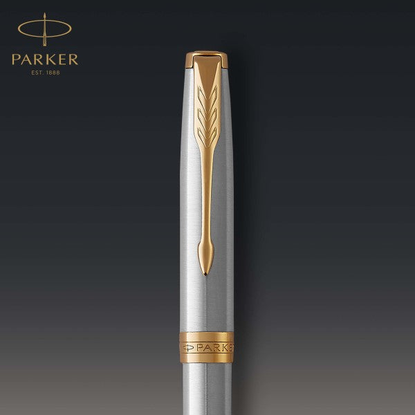 Parker Sonnet Stainless Steel Gold Trim Ballpoint & Rollerball Pen Set