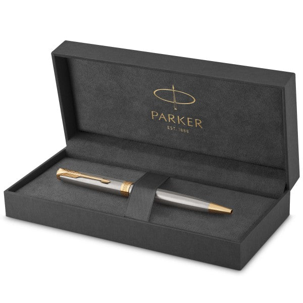 Parker Sonnet Stainless Steel Gold Trim Ballpoint & Rollerball Pen Set