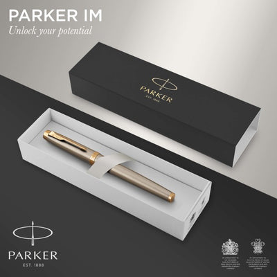 Parker IM Brushed Metal Gold Trim Ballpoint & Rollerball Pen Set