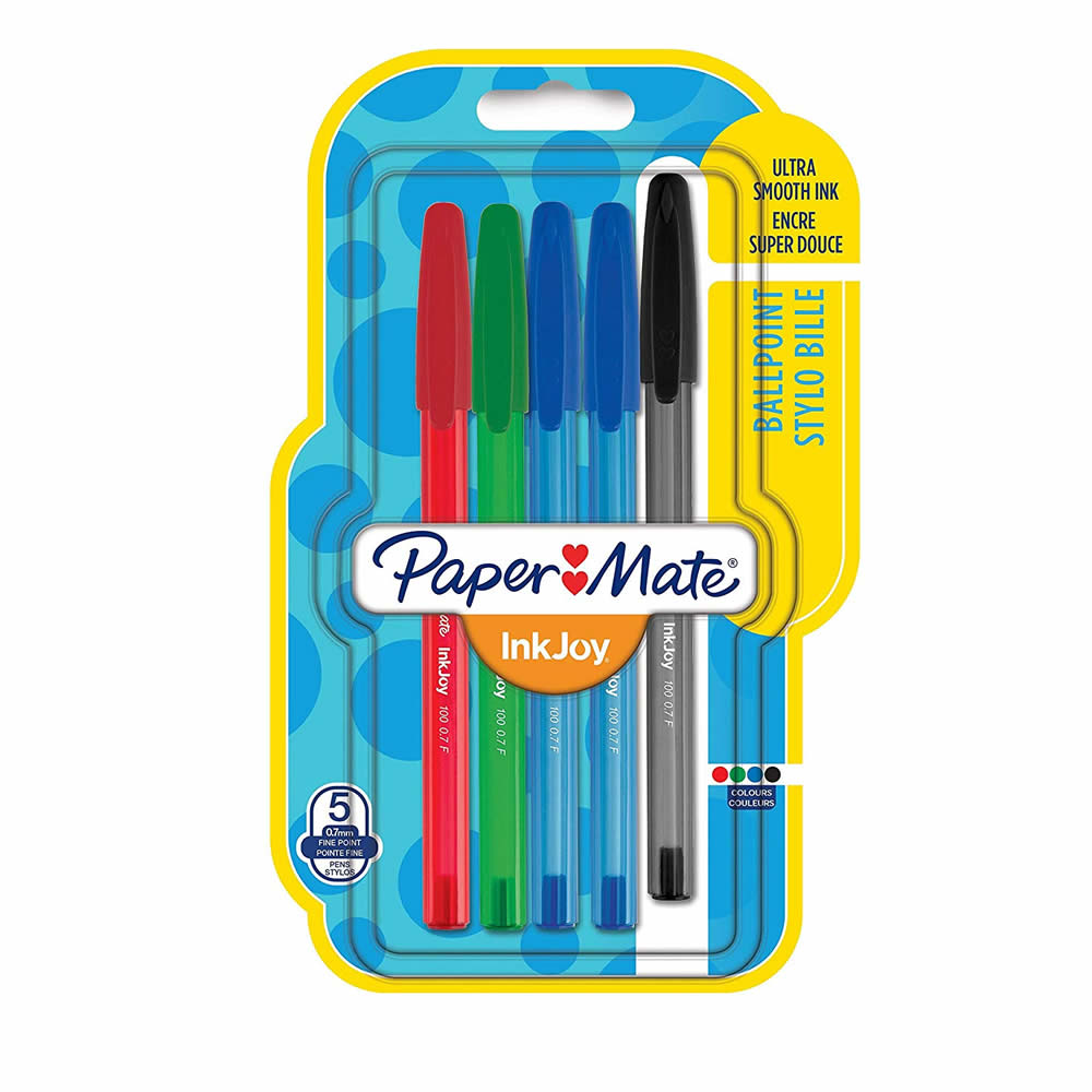 Paper Mate InkJoy 100 CAP Capped Ballpoint Pen Fine Tip Assorted Colours - Pack of 5
