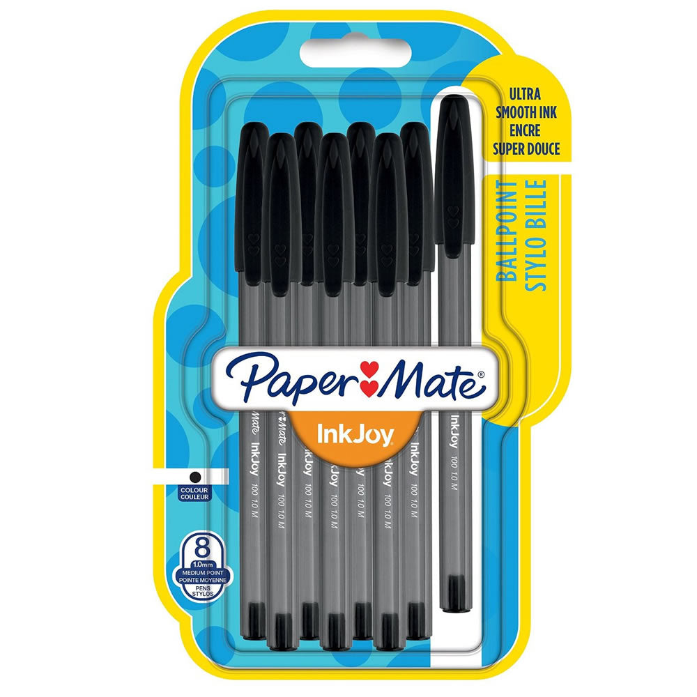 Paper Mate Inkjoy 100 Capped Ballpoint Pen - Medium Black x 8