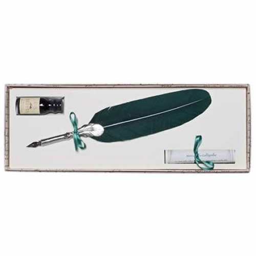 Green Feather Pewter Quill & Ink Set