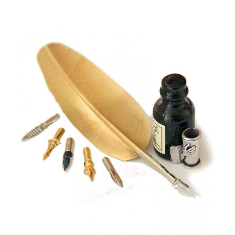 Gold Feather Quill & 5 Nib Set