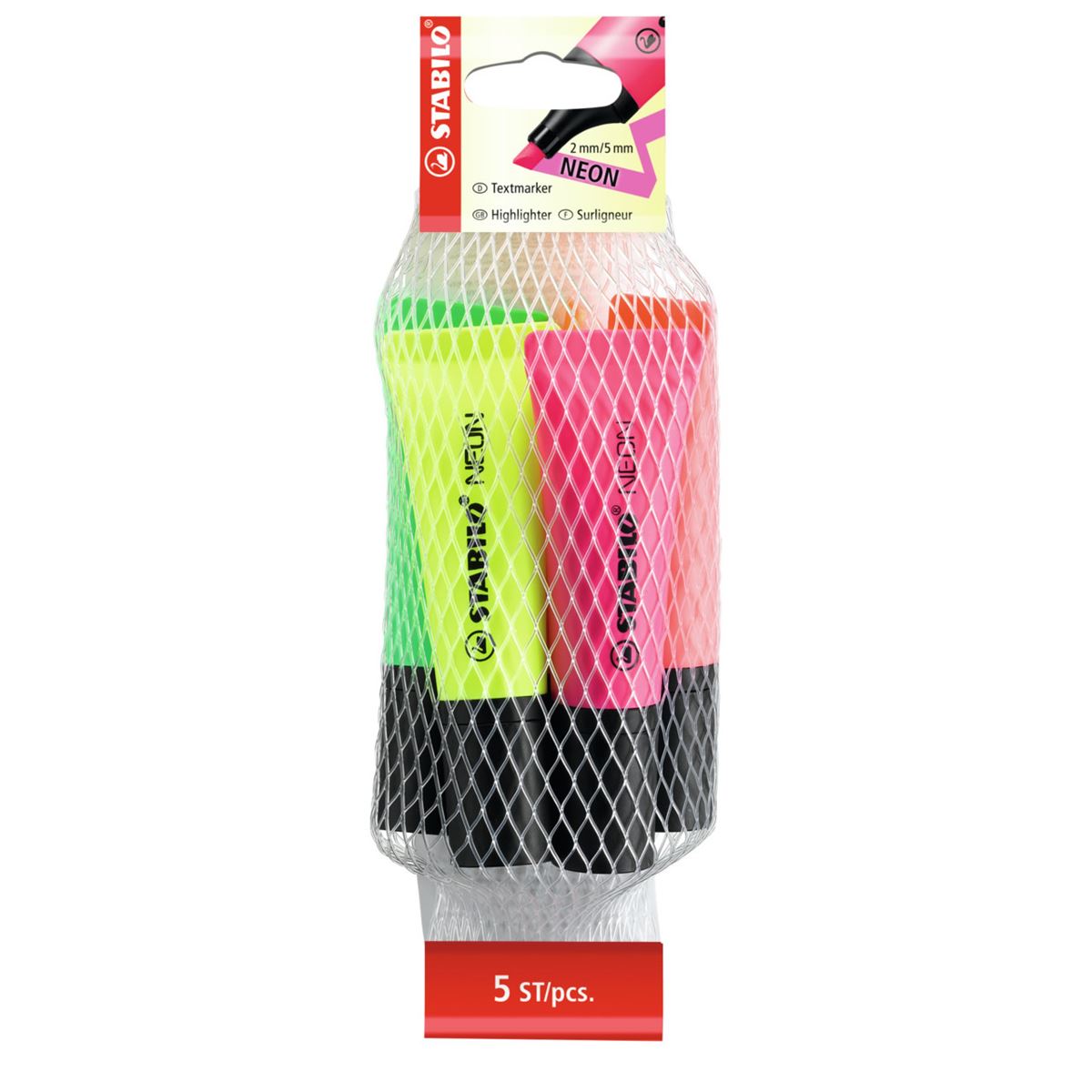 STABILO NEON Highlighters - Set of 5 Fluorescent Pens