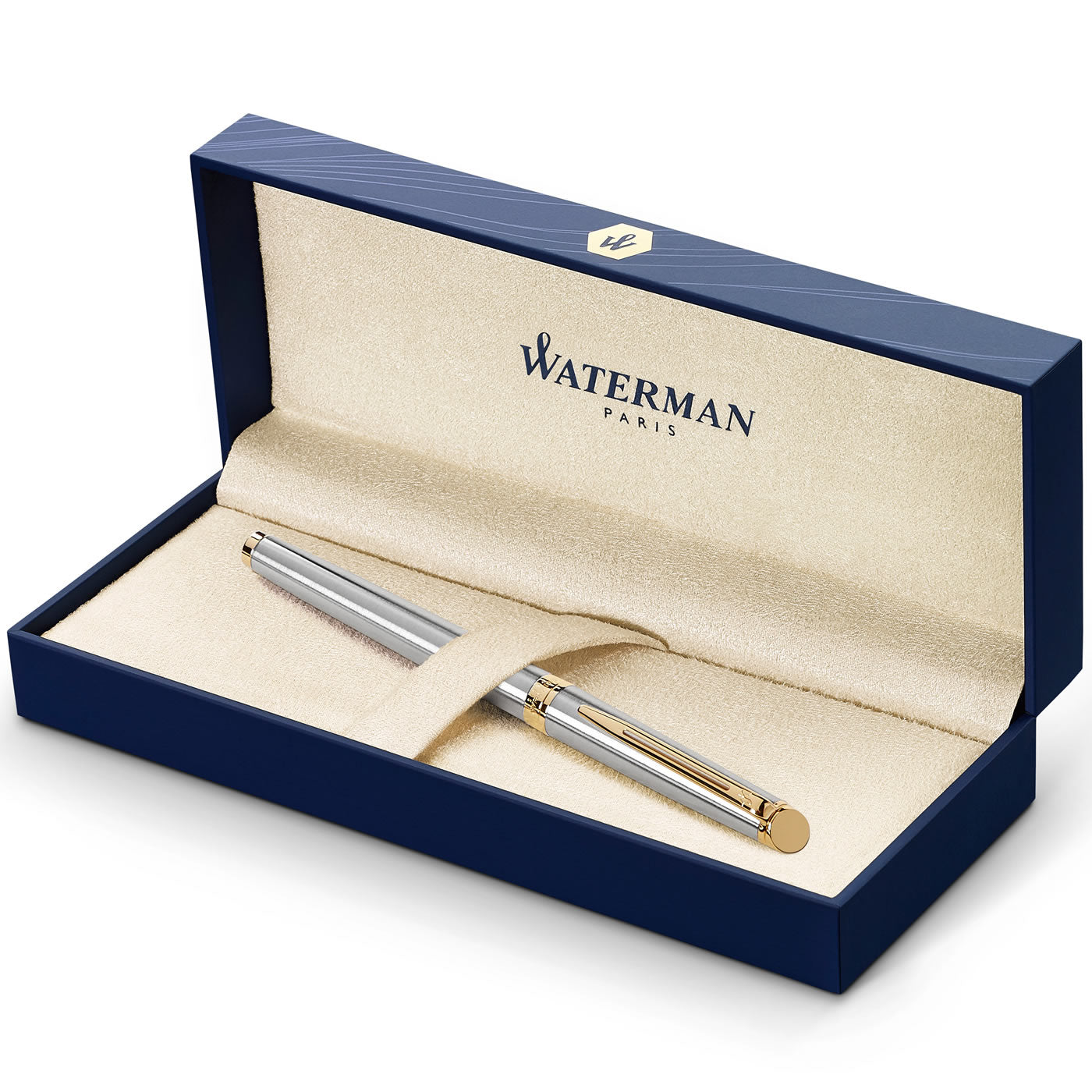 Waterman Hemisphere Stainless Steel Gold Trim Rollerball & Fountain Pen Set