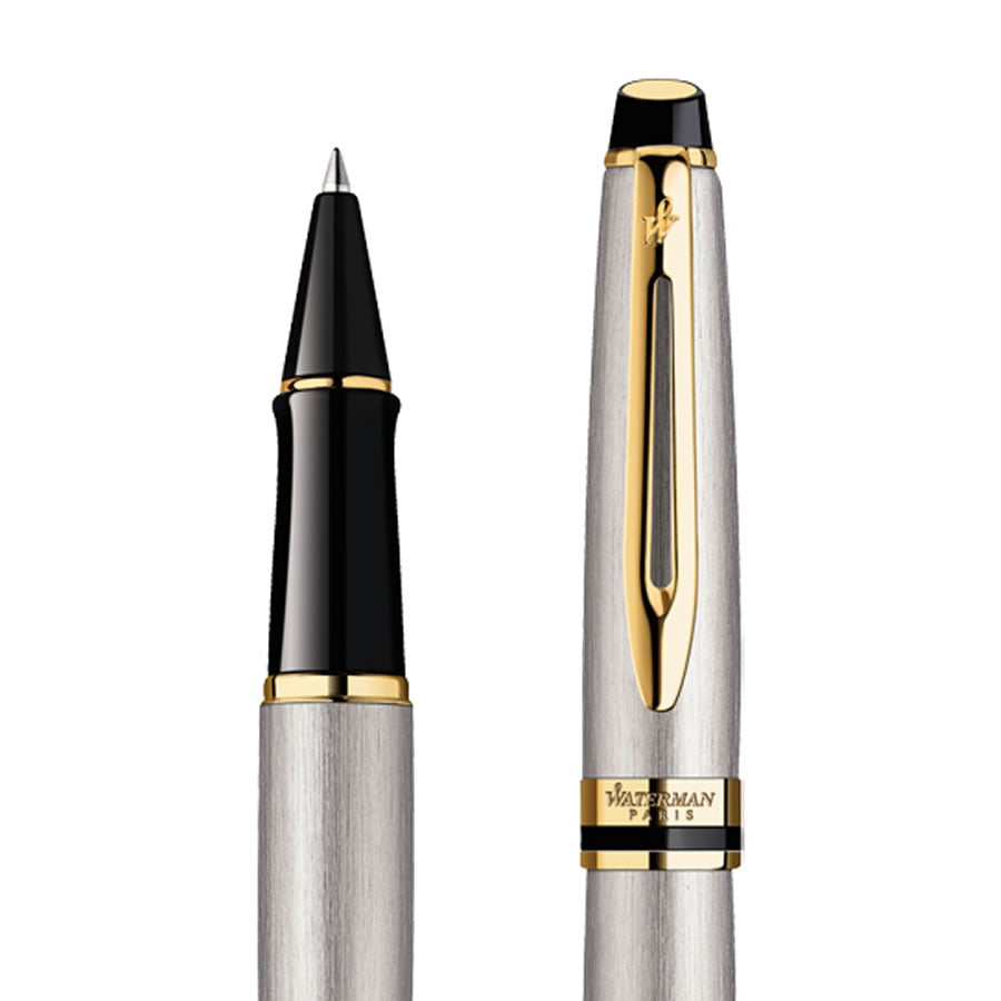 Waterman Expert Stainless Steel Gold Trim Rollerball Pen